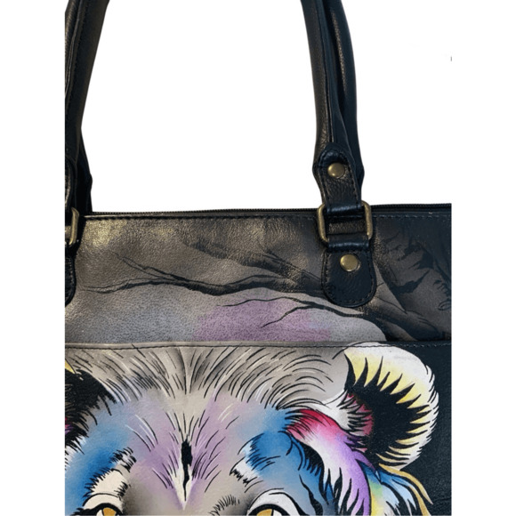 Anna by Anuschka Handpainted Leather Large Tote Animal Lion Black Tote Bag - Picture 9 of 13